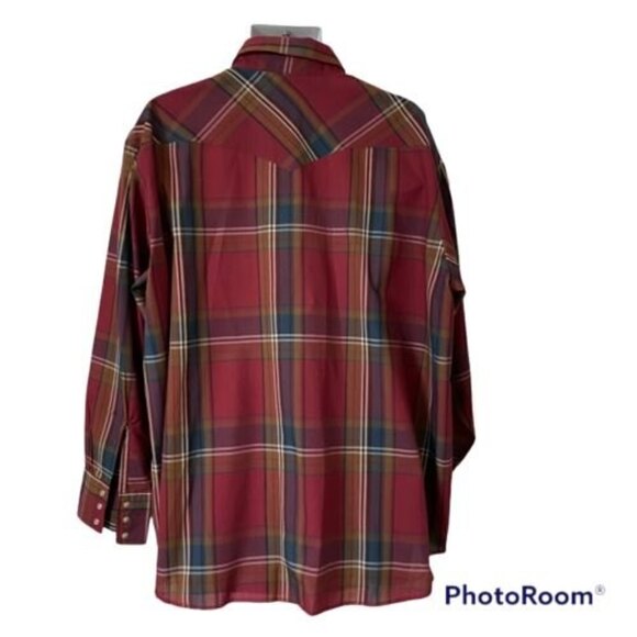 Wrangler Men's Western Shirt 2X Pearl Snap Plaid Maroon Cowboy Rodeo - Picture 3 of 4